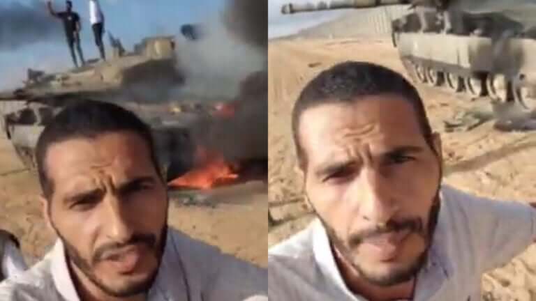 CNN journalist Hassan Eslaiah with Hamas terrorists as they attack an Israeli tank